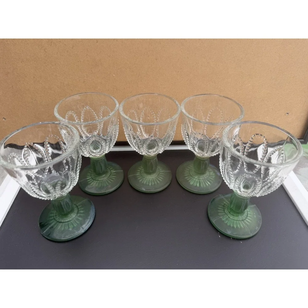 Vintage Avon Green Pressed Glass Decanter Set w/ 5 Cordials & Tray 1980s Barware